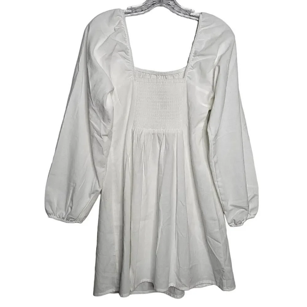 NEW Free People Square Neck Balloon Sleeves Cotton/Linen White Mini Dress Sz S